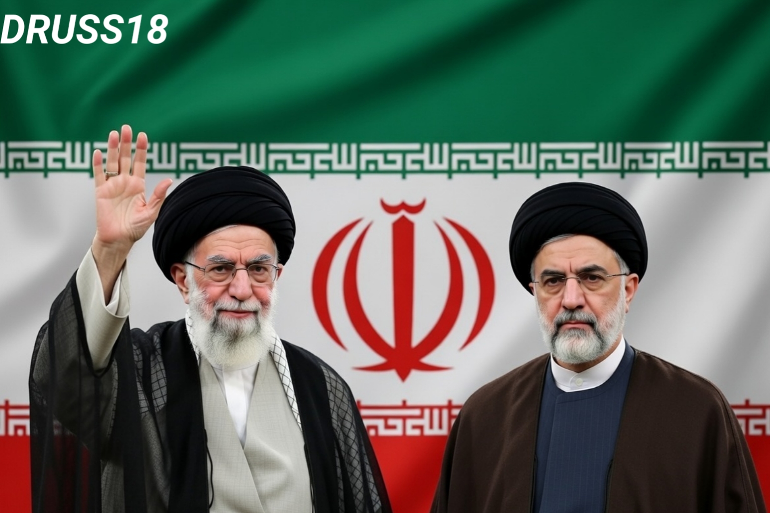 Hassan Khomeini standing beside Iran Supreme Leader Ali Khamenei during ceremony at Ruhollah Khomeini shrine in Tehran
