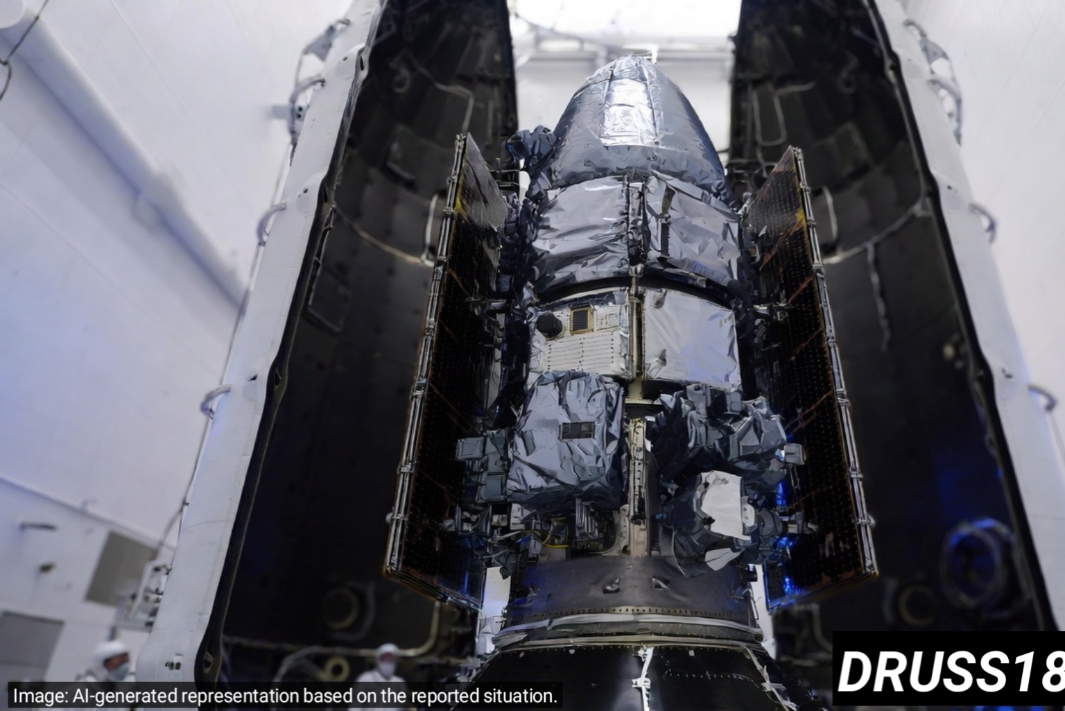 Falcon 9 GPS III-8 satellite inside payload fairing before launch
