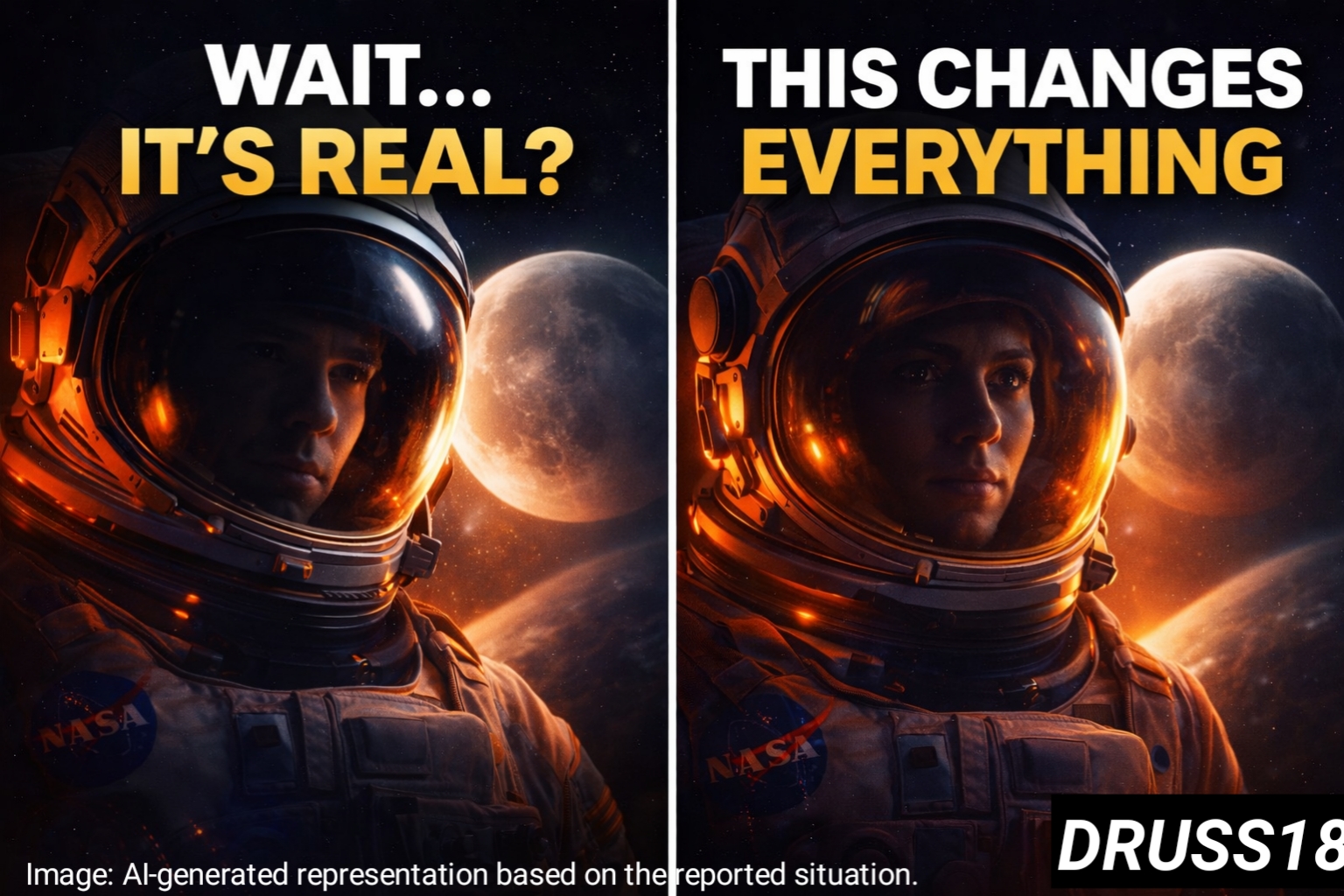 “NASA Artemis II astronaut close-up with Moon in background dramatic lighting”