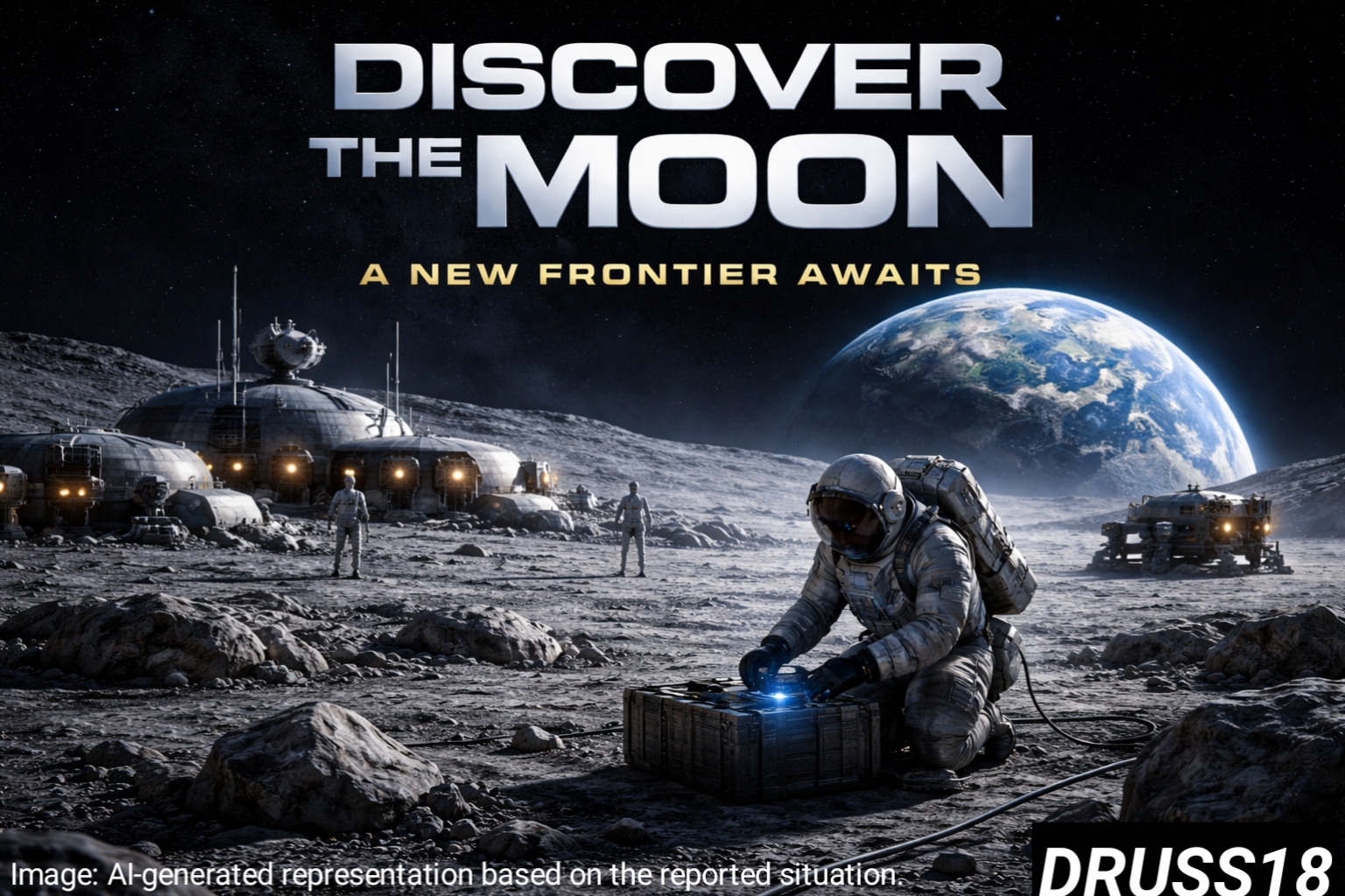 NASA Moon base concept showing astronauts and lunar habitat on the Moon surface