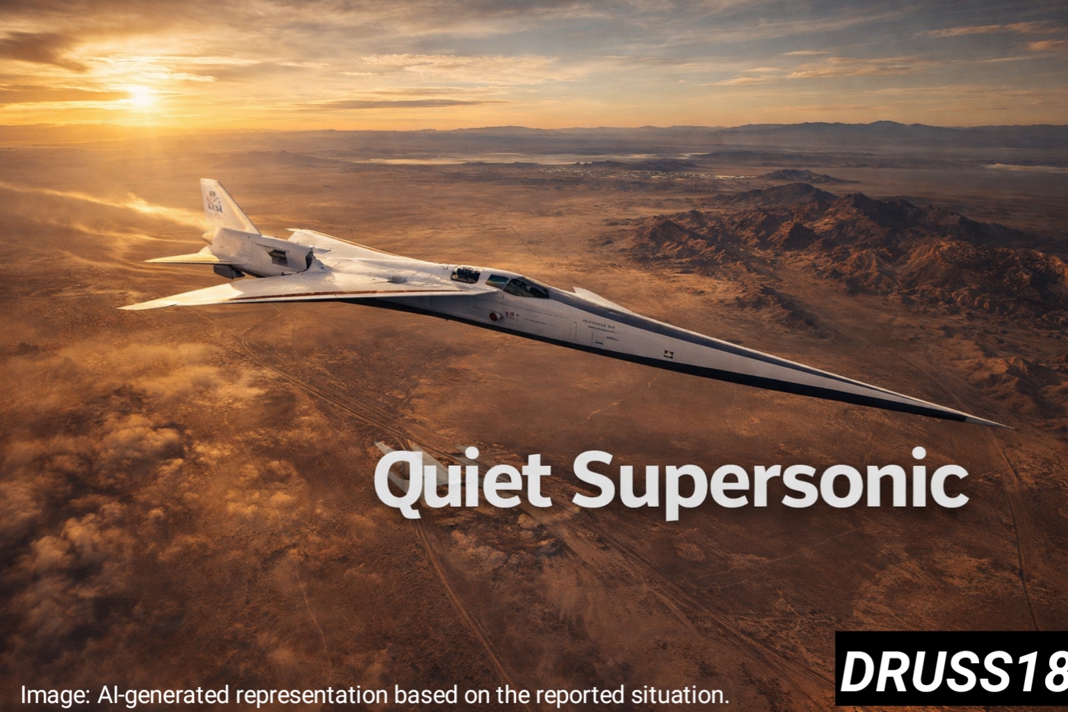 NASA X-59 supersonic jet flying during third test flight over desert