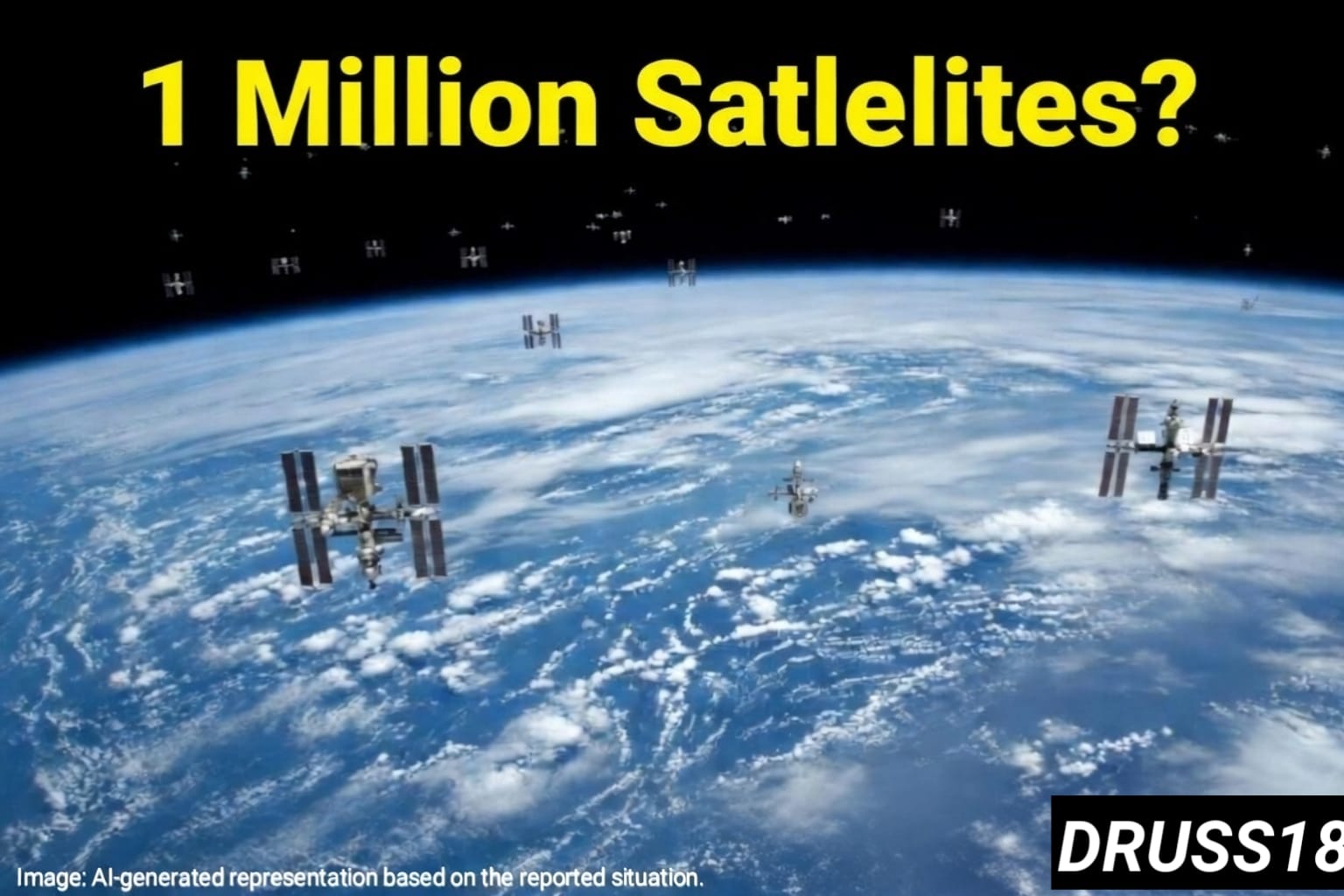 Graphic showing millions of small satellites around Earth with solar panels and network links
