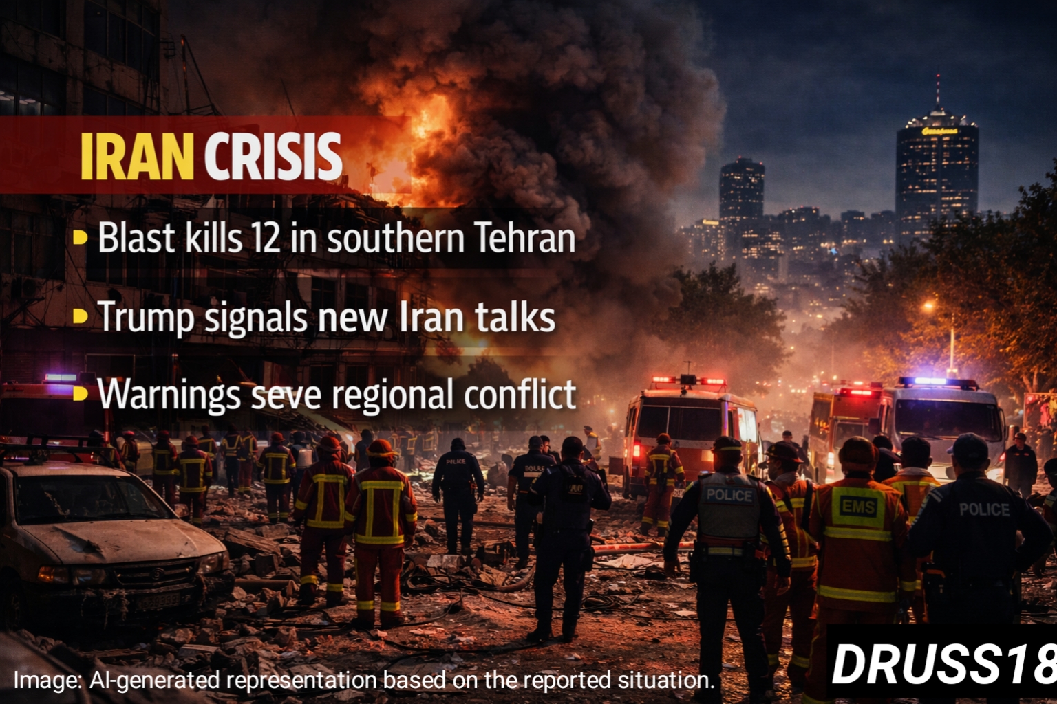 Emergency responders at blast site in southern Tehran after deadly strike