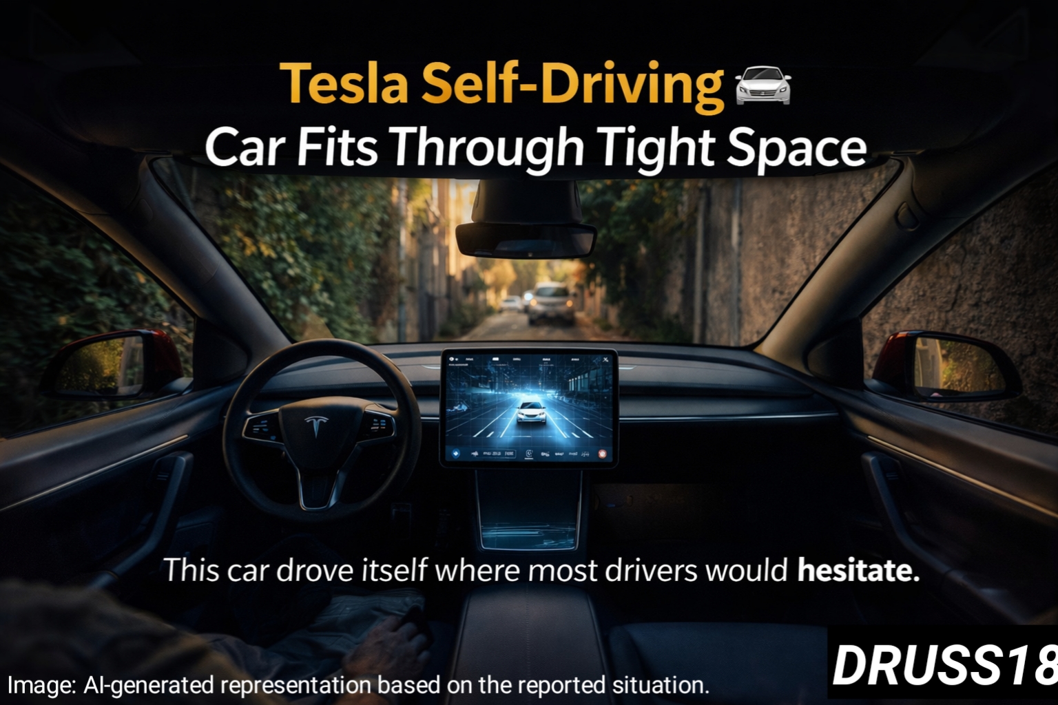 Tesla self-driving car navigating tight narrow road autonomously