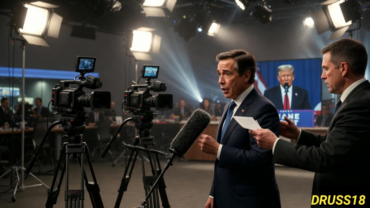 Donald Trump appears on a screen as a U.S. Treasury Secretary is interrupted by an aide during a live television interview with an urgent message from the president.