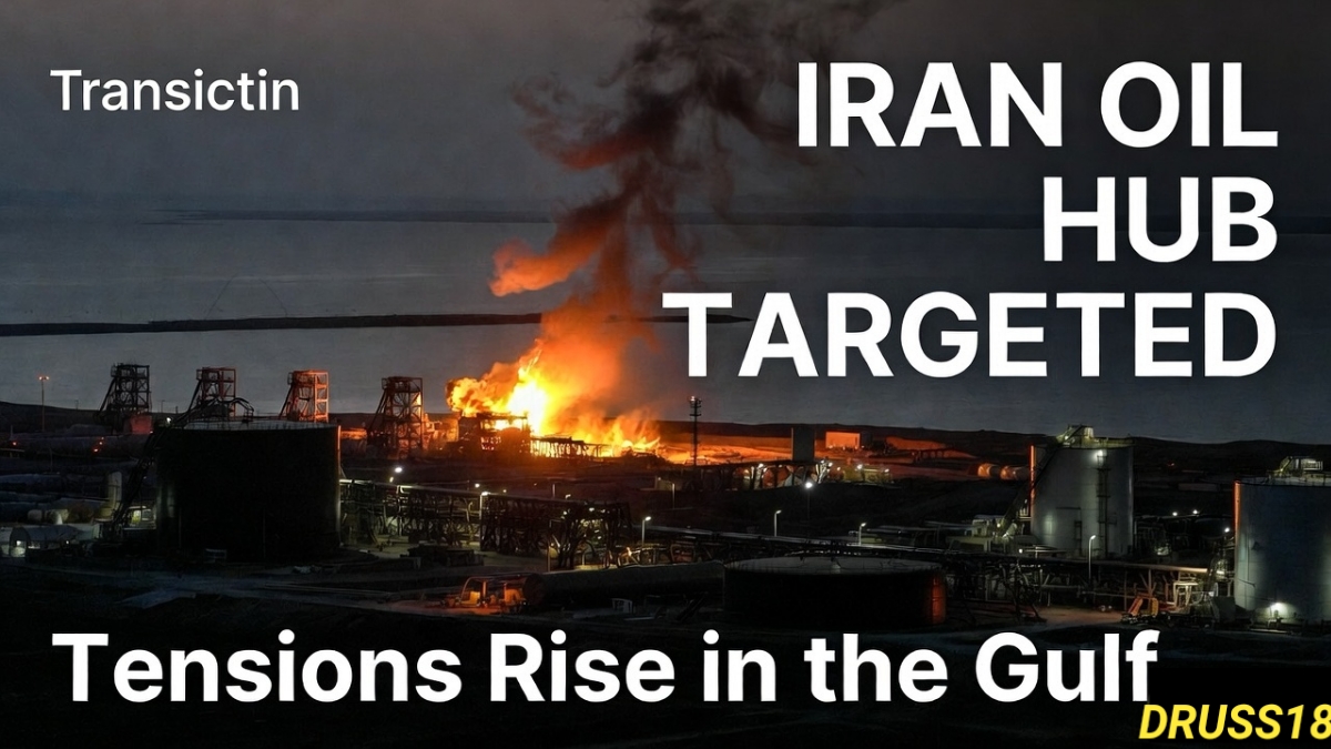 Dramatic illustration of a U.S. missile strike near Iran’s Kharg Island oil terminal in the Persian Gulf with oil storage tanks and smoke rising in the background.