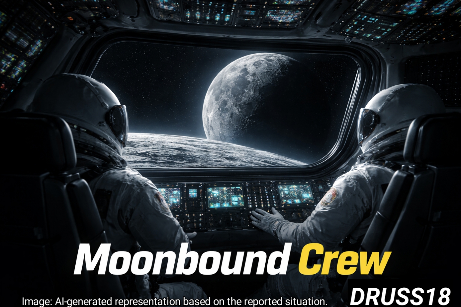 Astronauts inside Orion spacecraft viewing the Moon during Artemis II mission