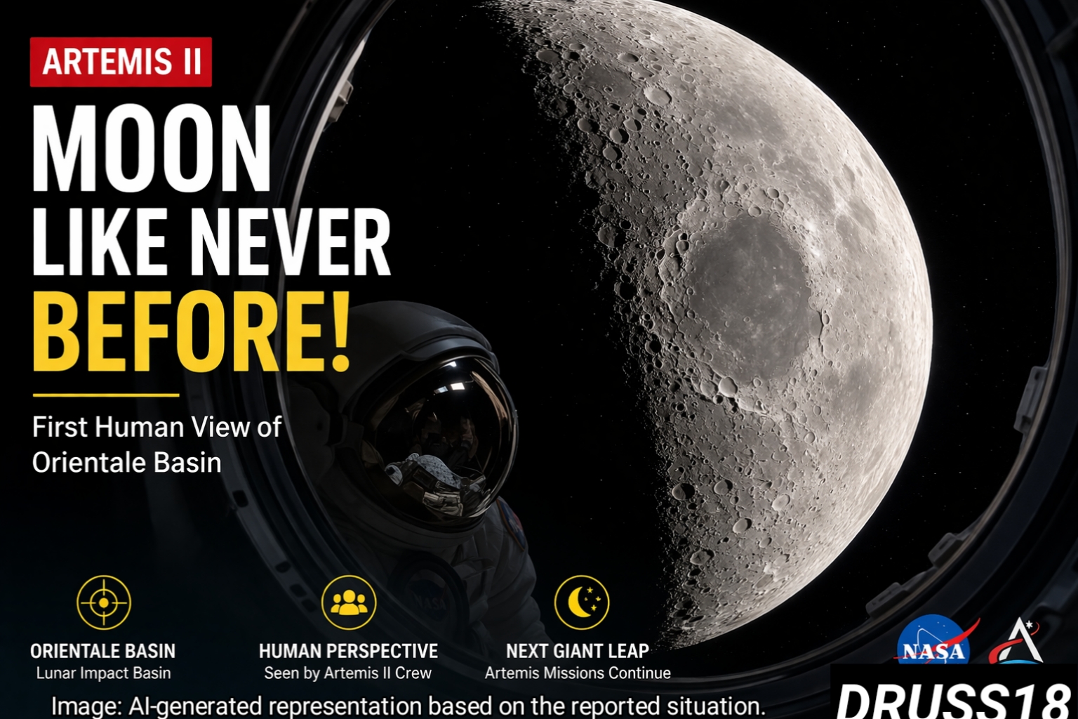 Artemis II view of the Moon showing the Orientale Basin from a spacecraft perspective