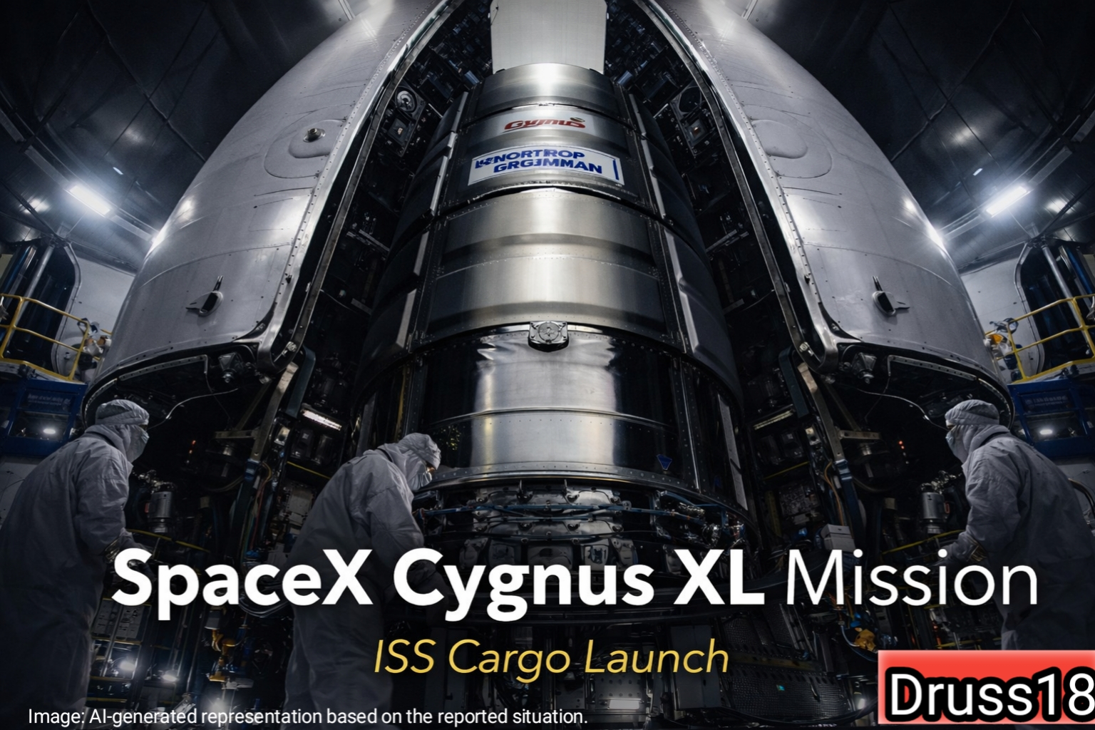 Cygnus XL spacecraft encapsulated inside Falcon 9 payload fairing before ISS resupply launch