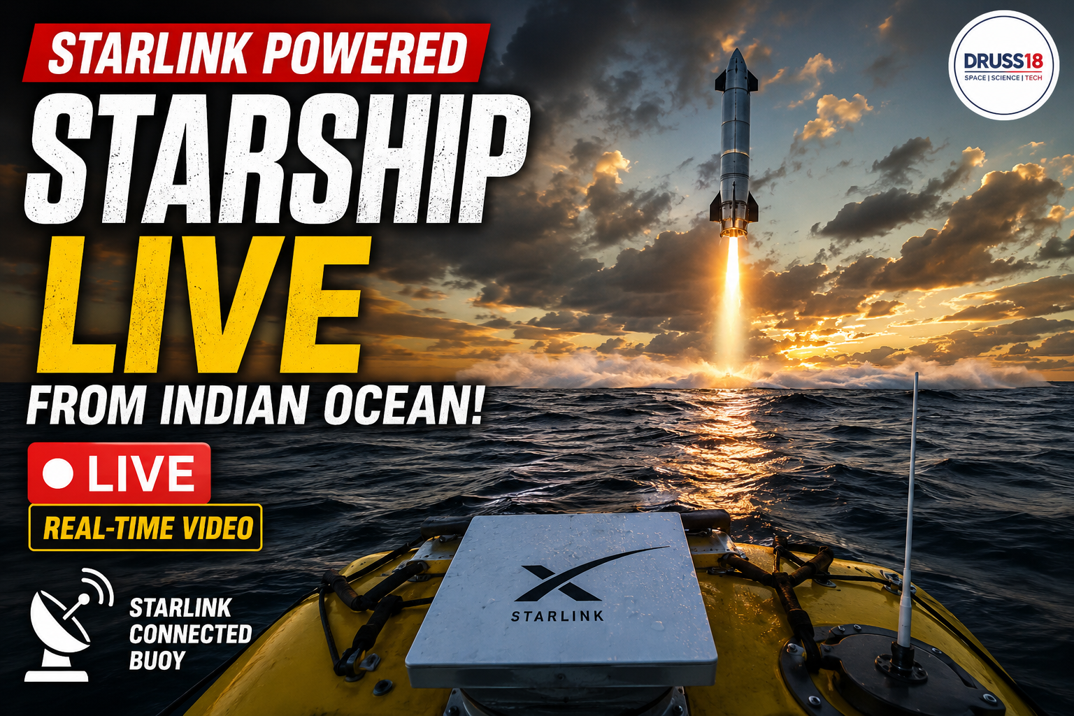 SpaceX Starship flight test viewed from a Starlink-equipped buoy in the Indian Ocean