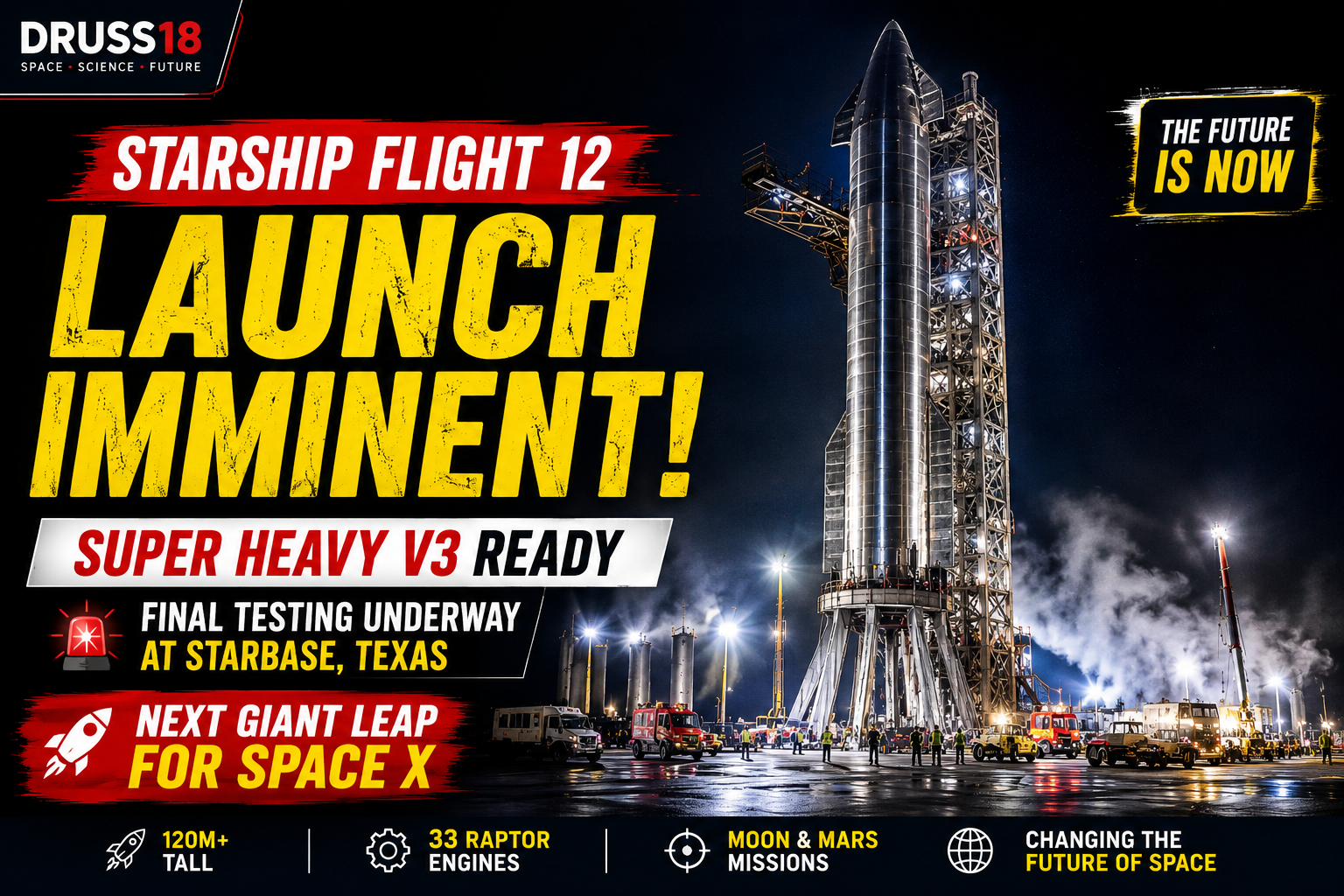 SpaceX Starship Flight 12 and Super Heavy V3 on the launch pad at Starbase before launch testing