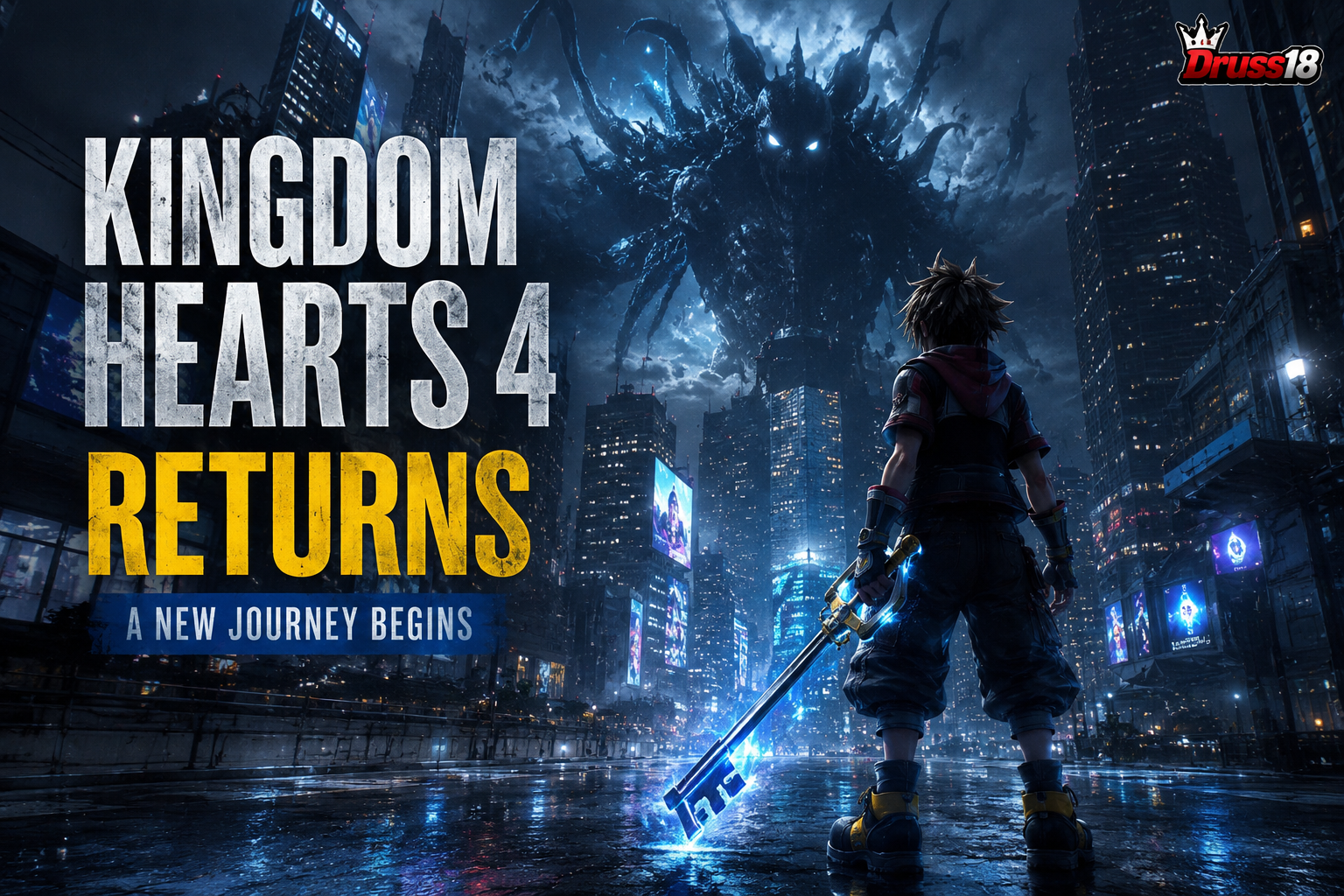 Kingdom Hearts 4 cinematic concept showing a futuristic city and mysterious battle scene.
