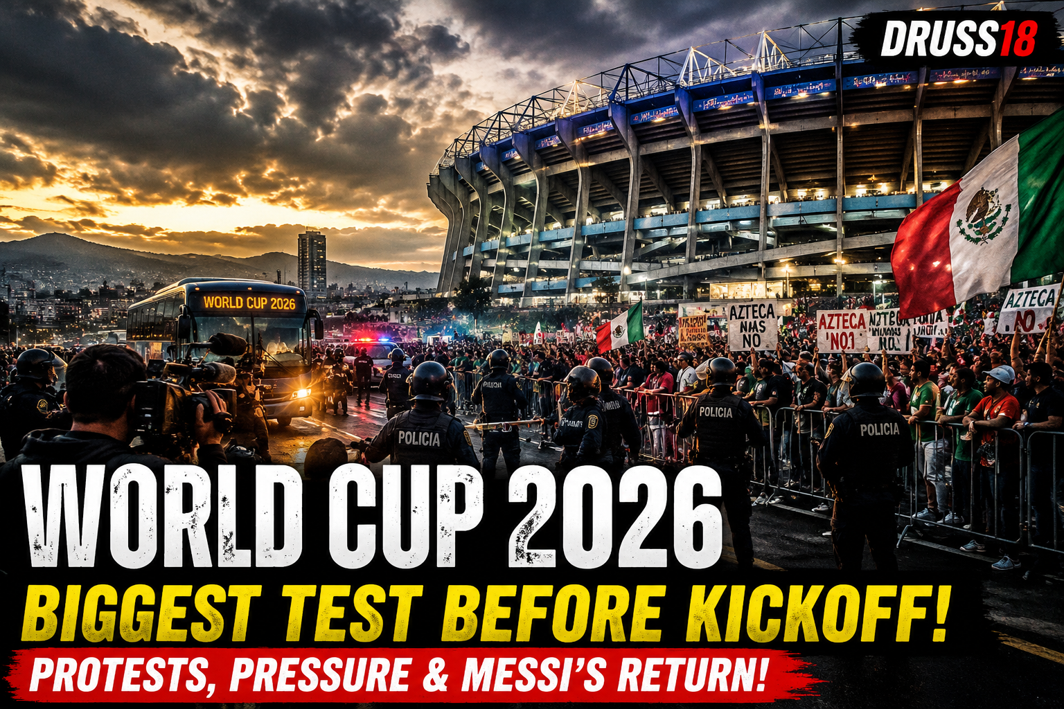 World Cup 2026 atmosphere outside a historic football stadium with international crowds