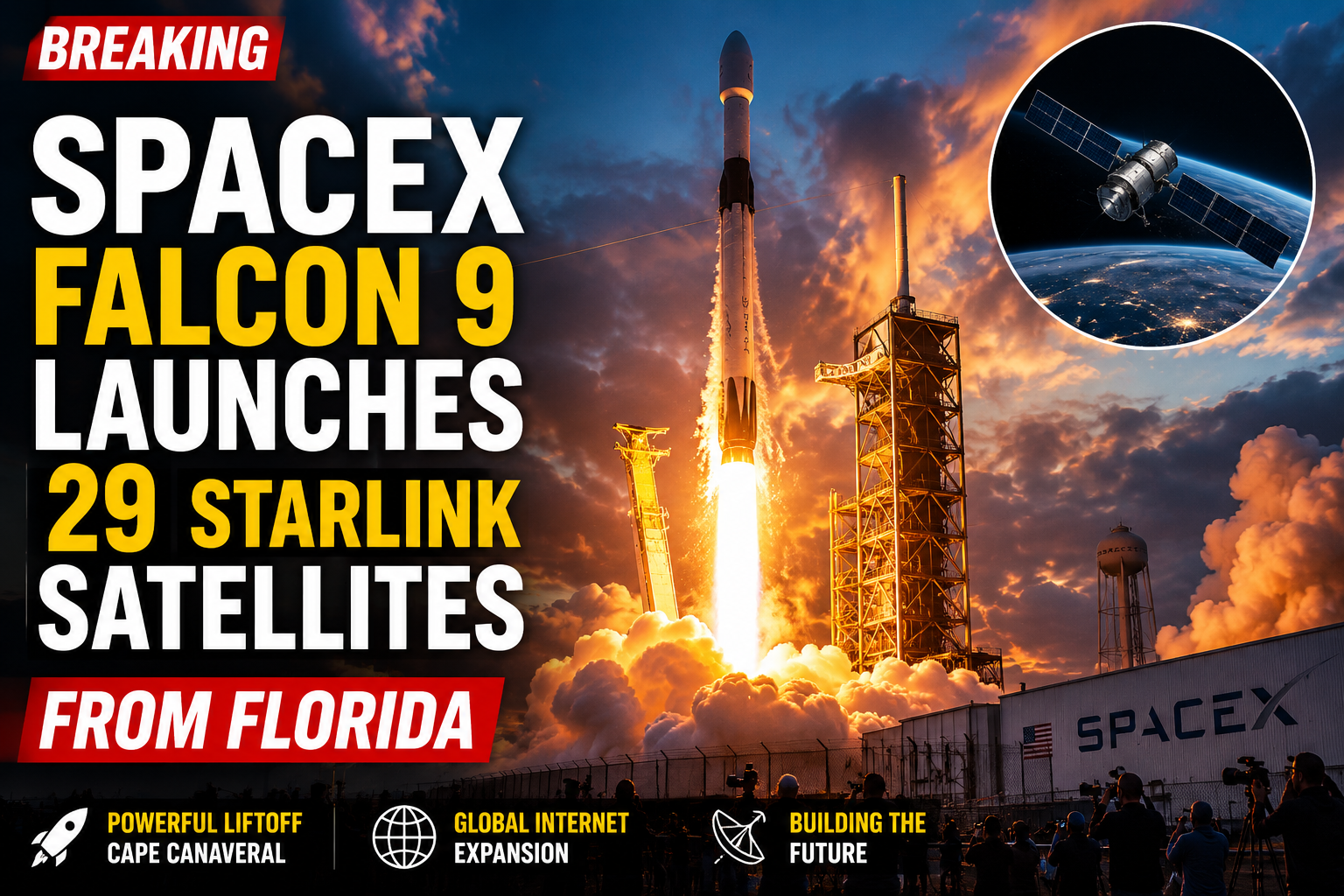 SpaceX Falcon 9 launching 29 Starlink satellites from Florida.