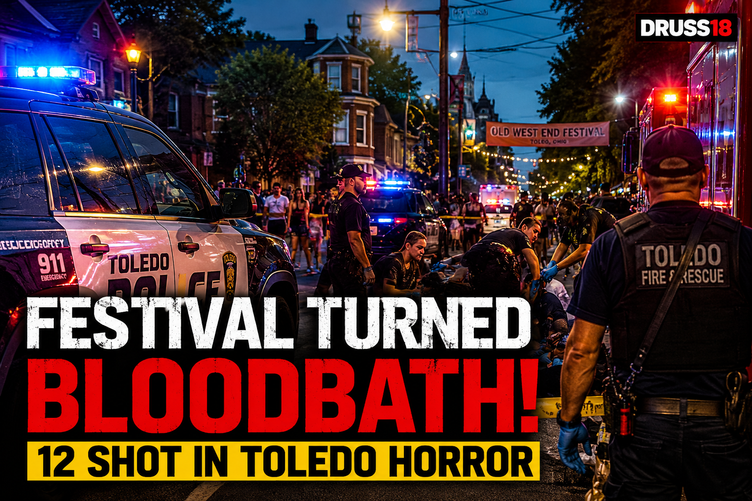 Toledo Ohio Festival Shooting scene with police vehicles and emergency responders near the Old West End Festival.