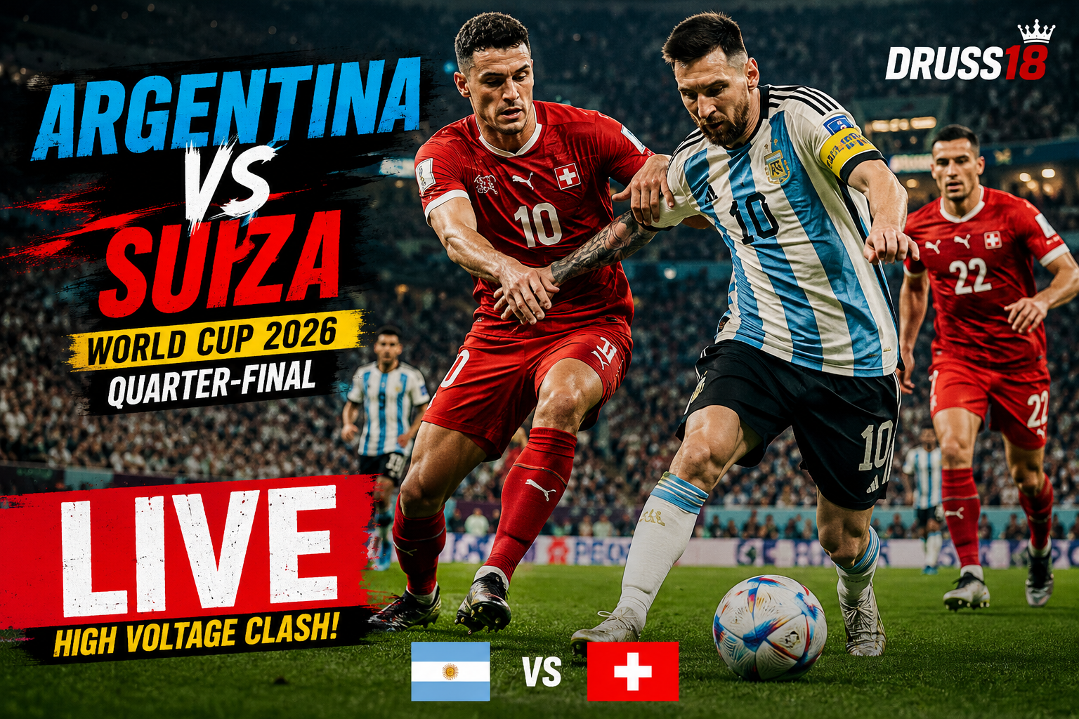 Argentina and Switzerland players competing during a FIFA World Cup quarter-final match.