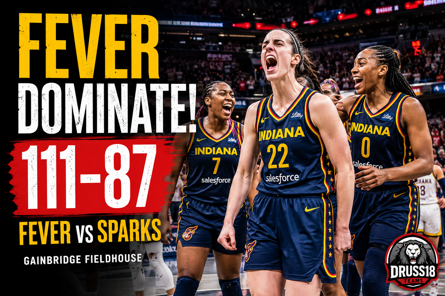 Indiana Fever players celebrating after defeating the Los Angeles Sparks in a WNBA game.