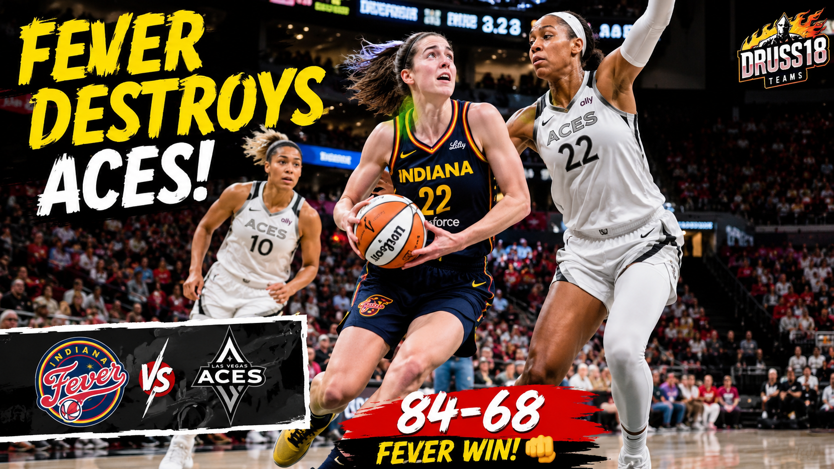 Indiana Fever players celebrating during a WNBA victory against the Las Vegas Aces.